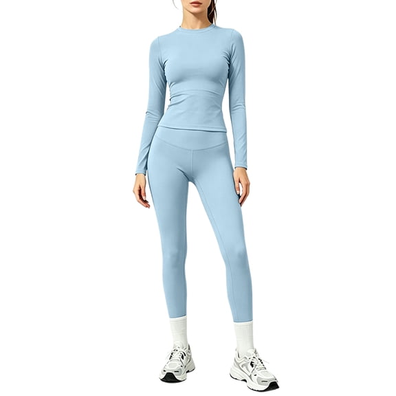 Yfalhf 2 Piece Activewear Outfit for Women Leggings Quick-Dry Yoga Set Long Sleeve Top for Gym,Workout,Running and Training Light Blue XL