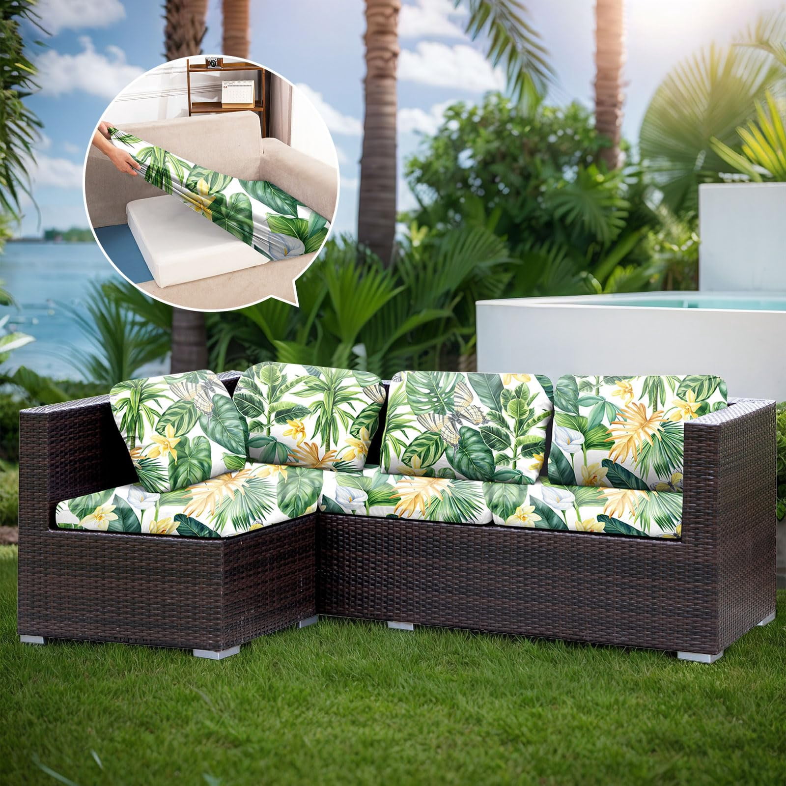 Patio Stretch Sofa Cushion Covers Outdoor Cushion Cover Replacement Couch Slipcover Sofa Seat Cover(Black, 6pcs)