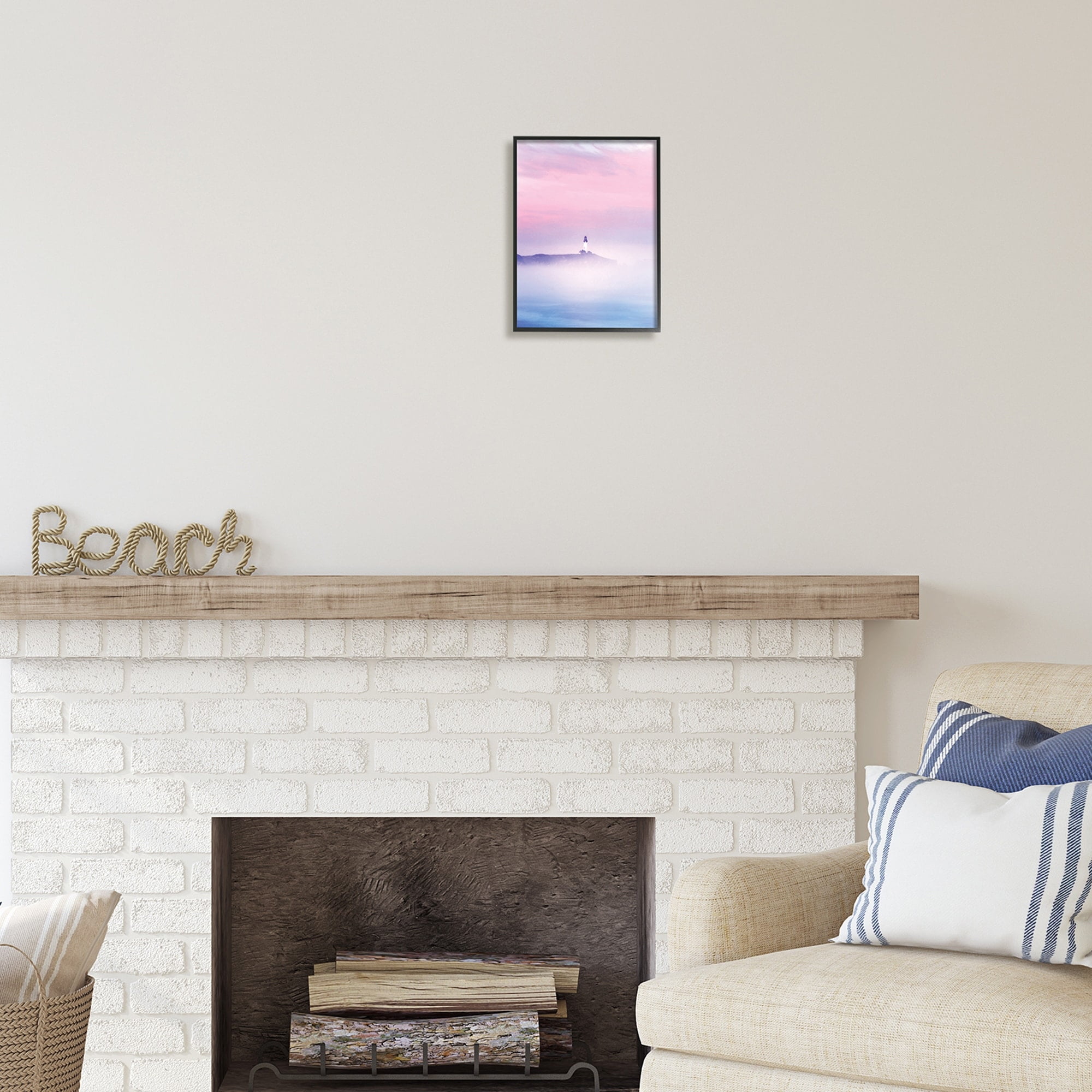 Stupell Industries Foggy Pink & Purple Lighthouse Sky Coastal Photography White Framed Art Print Wall Art