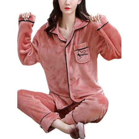 

Beiwei Ladies Sleepwear Lapel Pajamas Sets Long Sleeve Nightgown Baggy Lounge Set Winter Warm Nightwear Button Down Loose Red Black S