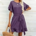 thumbnail image 1 of LOVZFMLL Robe Tunique Décontractée à Manches Courtes pour Femmes, Été, Taille Nouée, Double Couche, Col à Volants, Unie, Violette m, 1 of 4