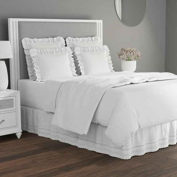 Eyelet Bed Skirt Dust Ruffle Embroidered Details, Classic 14” Drop Length Gathered Styling, California King, White, FRE30014WHIT05
