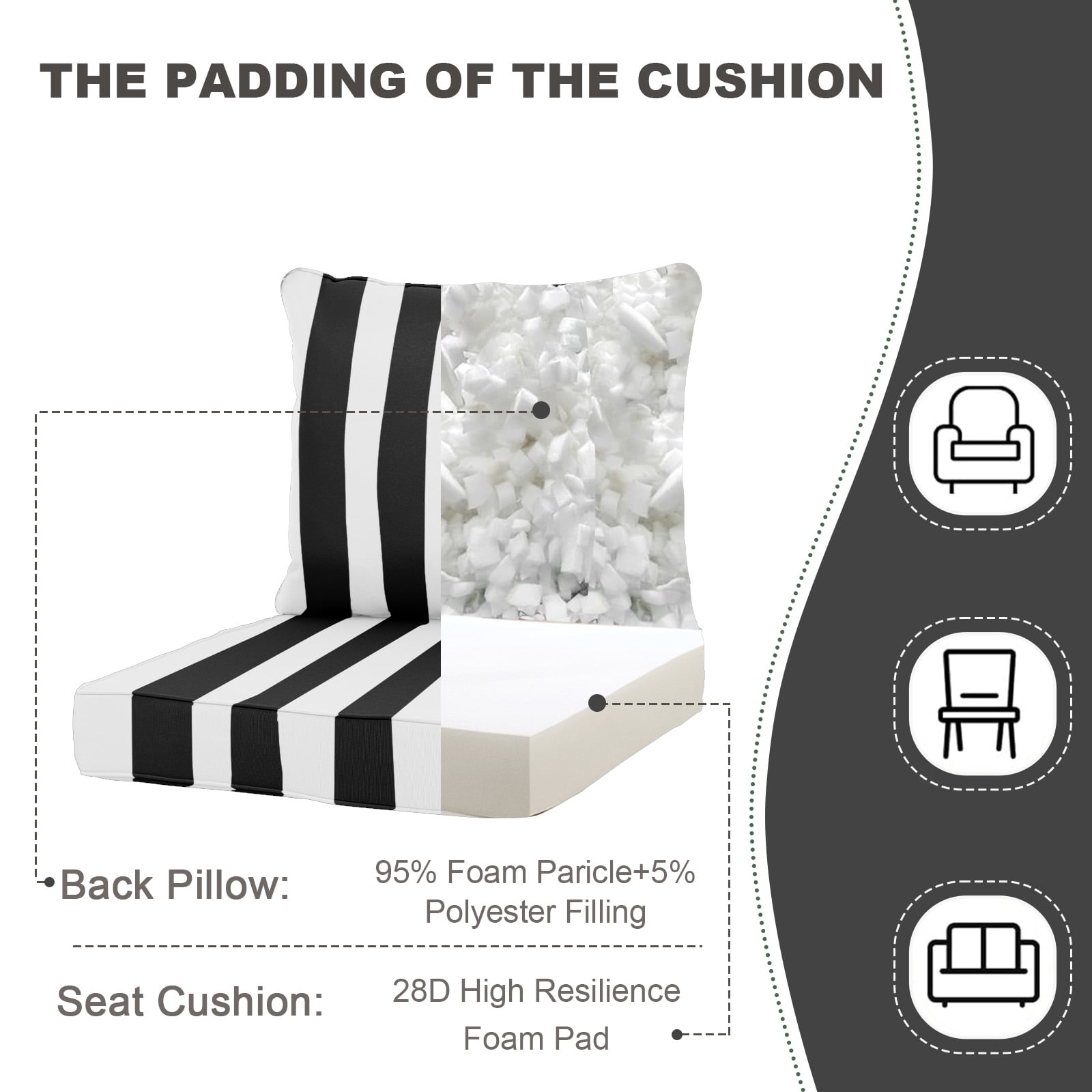 24 x 24 Inch Outdoor Deep Seat Cushion Set - Waterproof Fade-Resistant Patio Furniture Cushions with Removable Covers, Adjustable Straps & Handles for Chairs, Sofa, Couch (2-Piece)