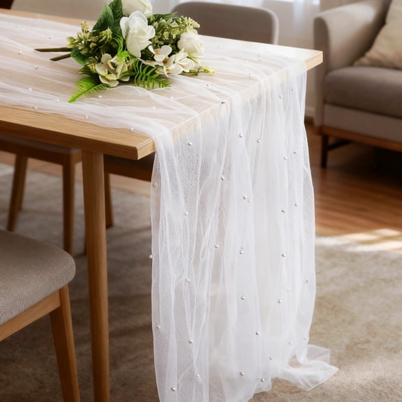 2 Pcs Elegant Pearl Embellished Tulle Table Runner, Quality 31.5 x 118.1 Inch White Nylon Mesh Fabric, Perfect for Wedding Decorations, Fairy Bridal Veil, and DIY Dessert Table Decor