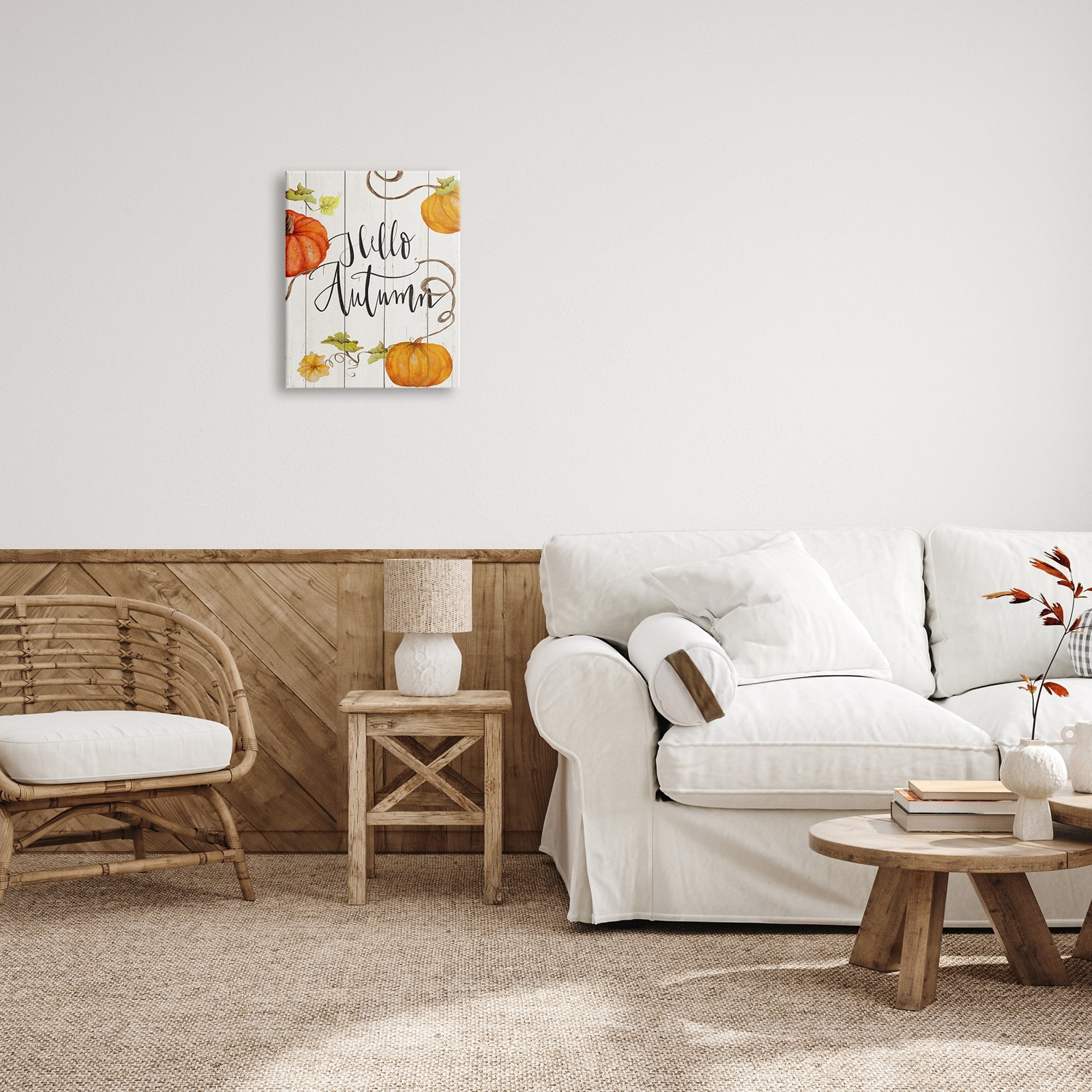 Hello Autumn Calligraphy Sign Rustic Pumpkin Vines Inspirational Graphic Art Gallery-Wrapped Canvas Print Wall Art