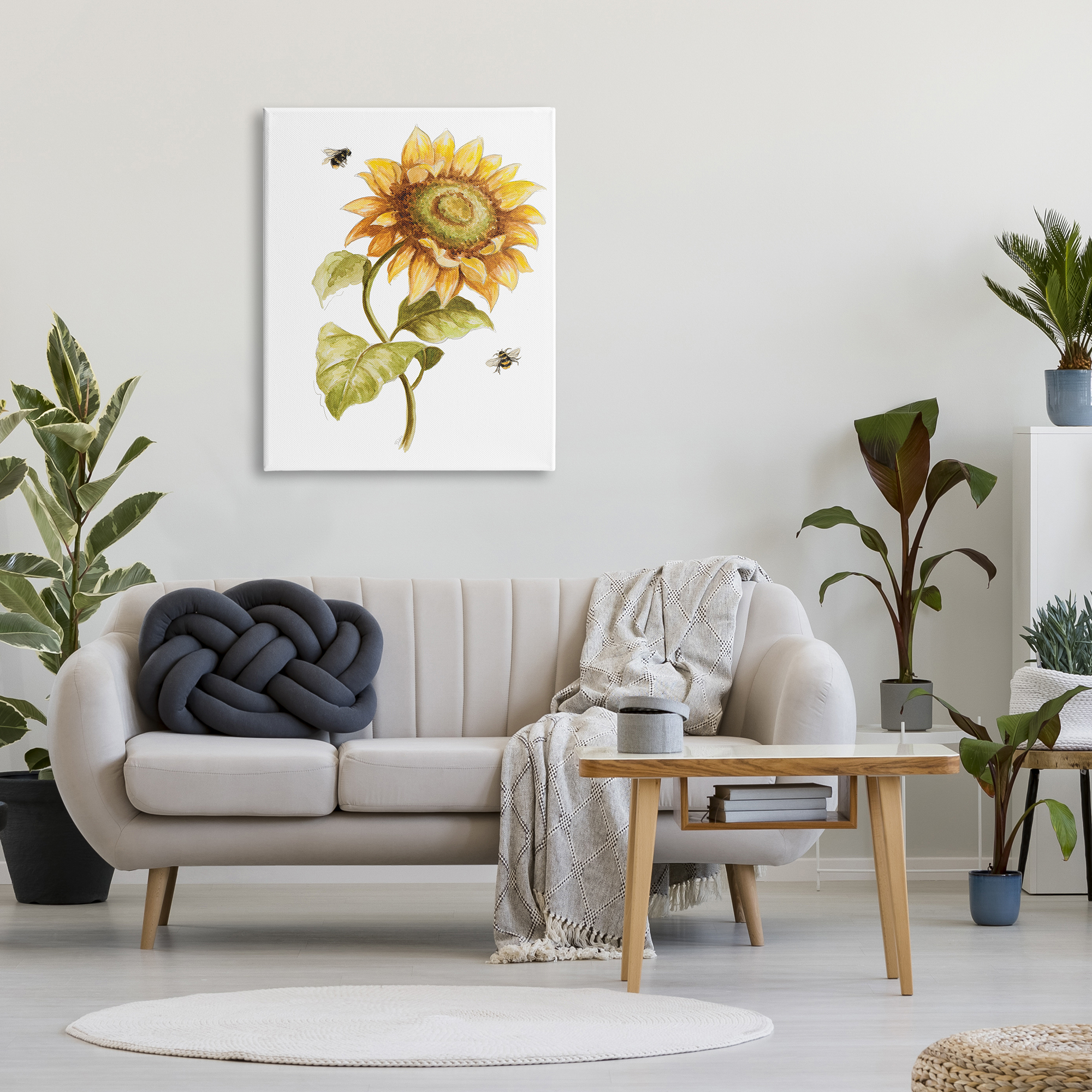 Stupell Industries Minimal Sunflower Floral Blooming Bees Flying By, 30 x 40, Designed by Patricia Pinto