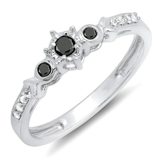 Dazzlingrock Collection 0.20 Carat (ctw) 18k Black And White Diamond 3 Stone Bridal Promise Ring 1/5 CT, White Gold, Size 9