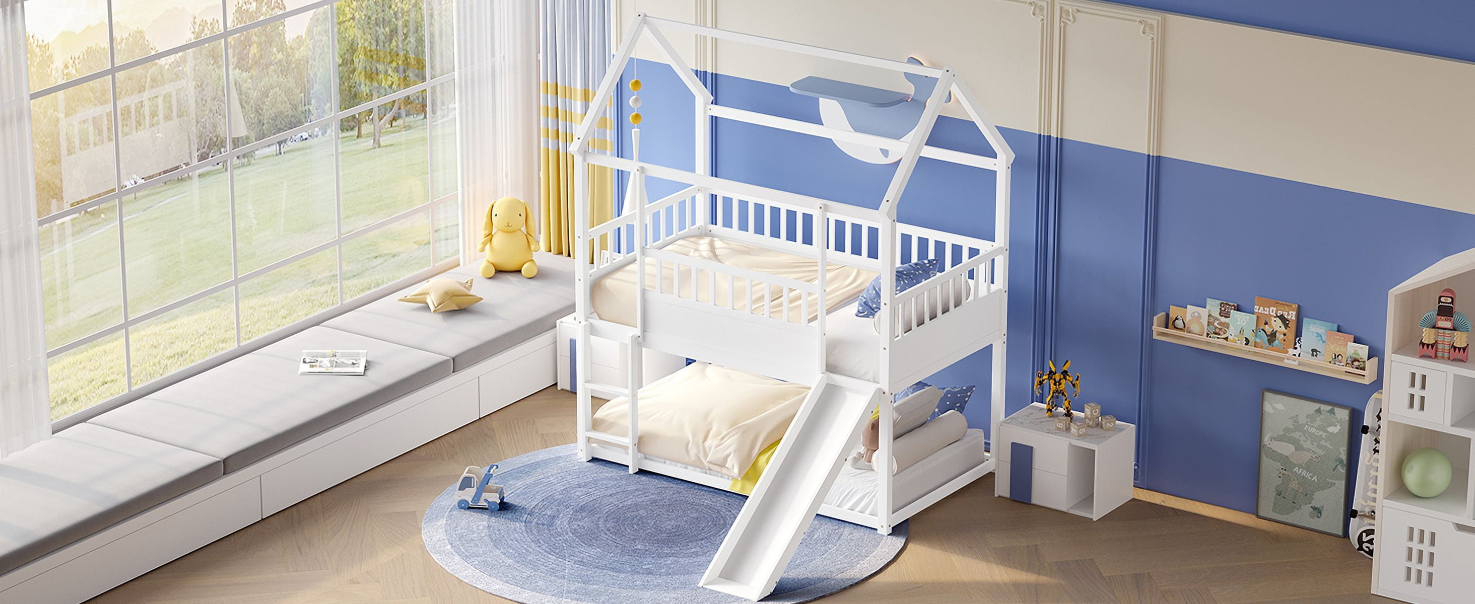 Bunk Bed with Slide, House Bunk Bed, Twin Over Twin Bunk Bed with Ladder and Safety Guardrail, Solid Wood Frame, White