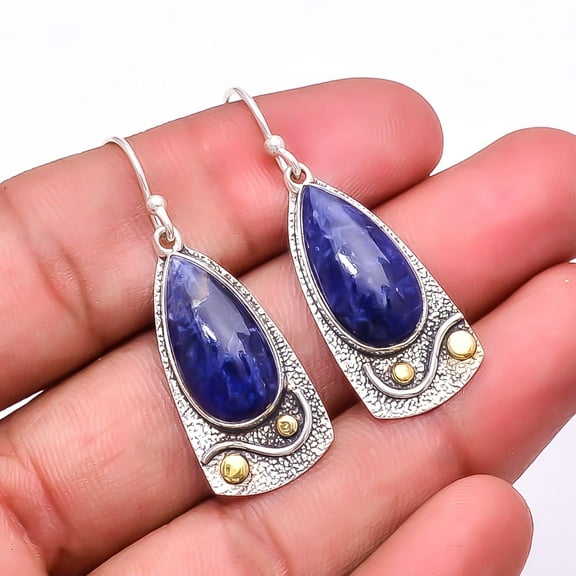Sodalite - Minas Gerais 925 Sterling Silver Two Tone Earring 2.03" E_9275_189_14, Beautiful Jewelry For Woman, New Year Sale, Valentin's Day Gift