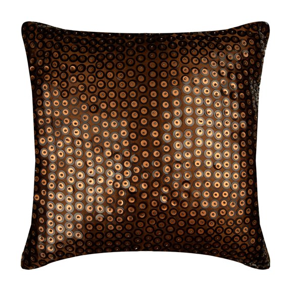 Decorative Pillow Covers, Brown Pillow Covers 16x16 inch (40x40 cm), Silk Designer Fabric Pillow Covers, Circles & Dots, Sequins Embellished, Eclectic Cushion Cover - Circle On Circle