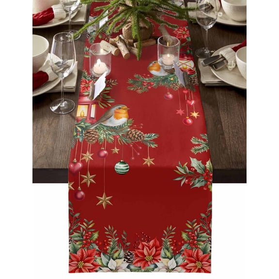 ERUNPONLY Red Christmas Table Runner - 72 Inch Long Xmas Poinsettia Balls Botanical Birds Cotton and Linen Blended Dress Scarves Farmhouse Table Runner for Kitchen Dining, Coffee Table, 13" x 72"