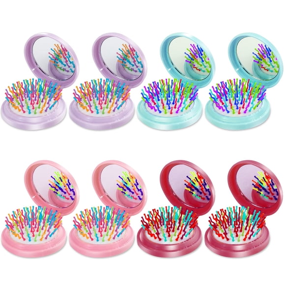 Onlyfu cepillo de pelo 8 piezas plegable espejo de viaje cepillos de pelo redondo compacto portátil cepillo de pelo con mini espejo para mujeres niñas