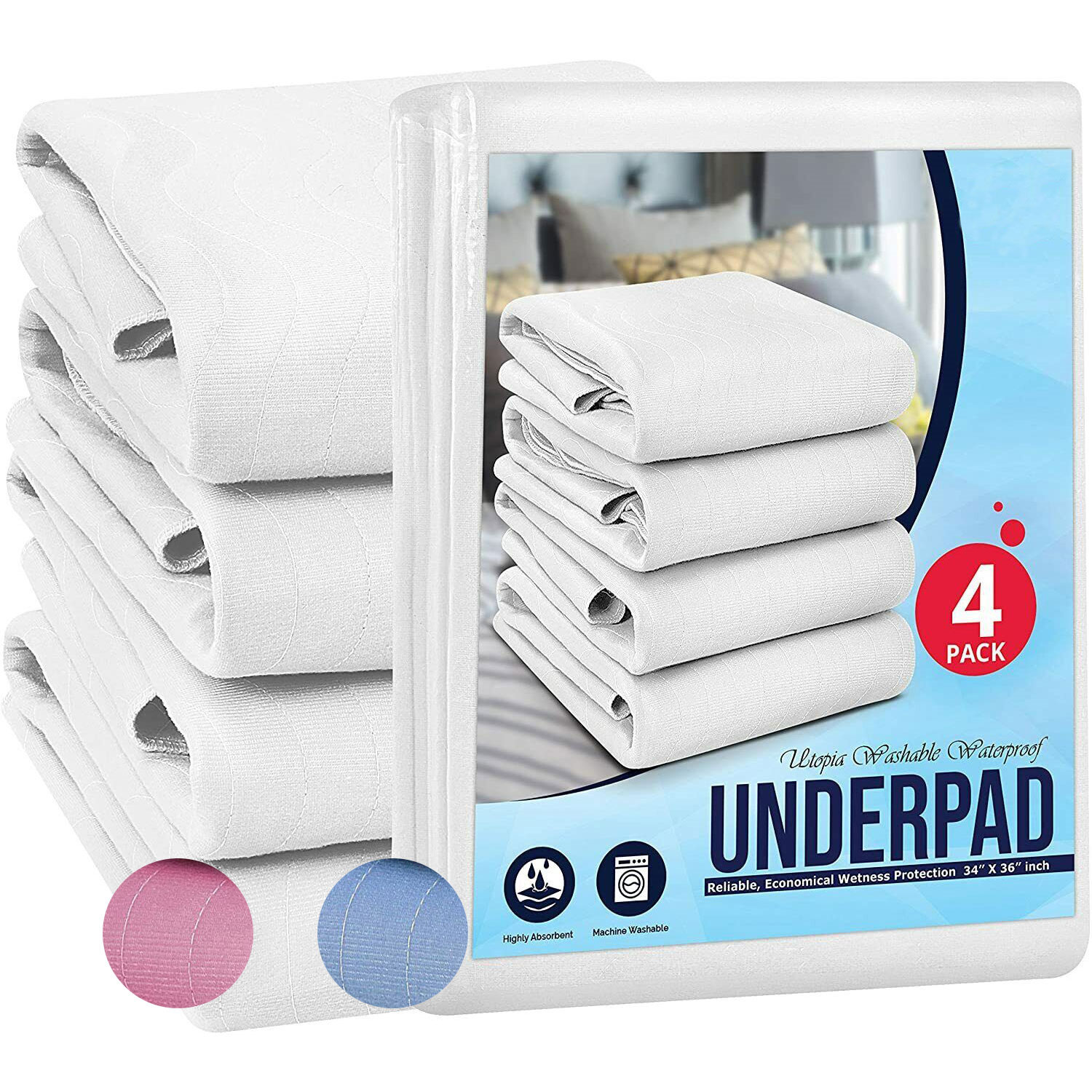 4Layer Ultra Soft Quilted Bed Pads, 34 x 36 Heavy Absorbency Underpad, Machine Washable
