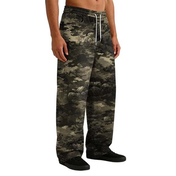 Sewkxo Men's Pant Fashion 2026 Camouflage Printed Elastic Waist Drawstring Straight Legs Lounge Trousers Spring Summer Casual Loose Sweats Pant with Pockets,Dark Green M