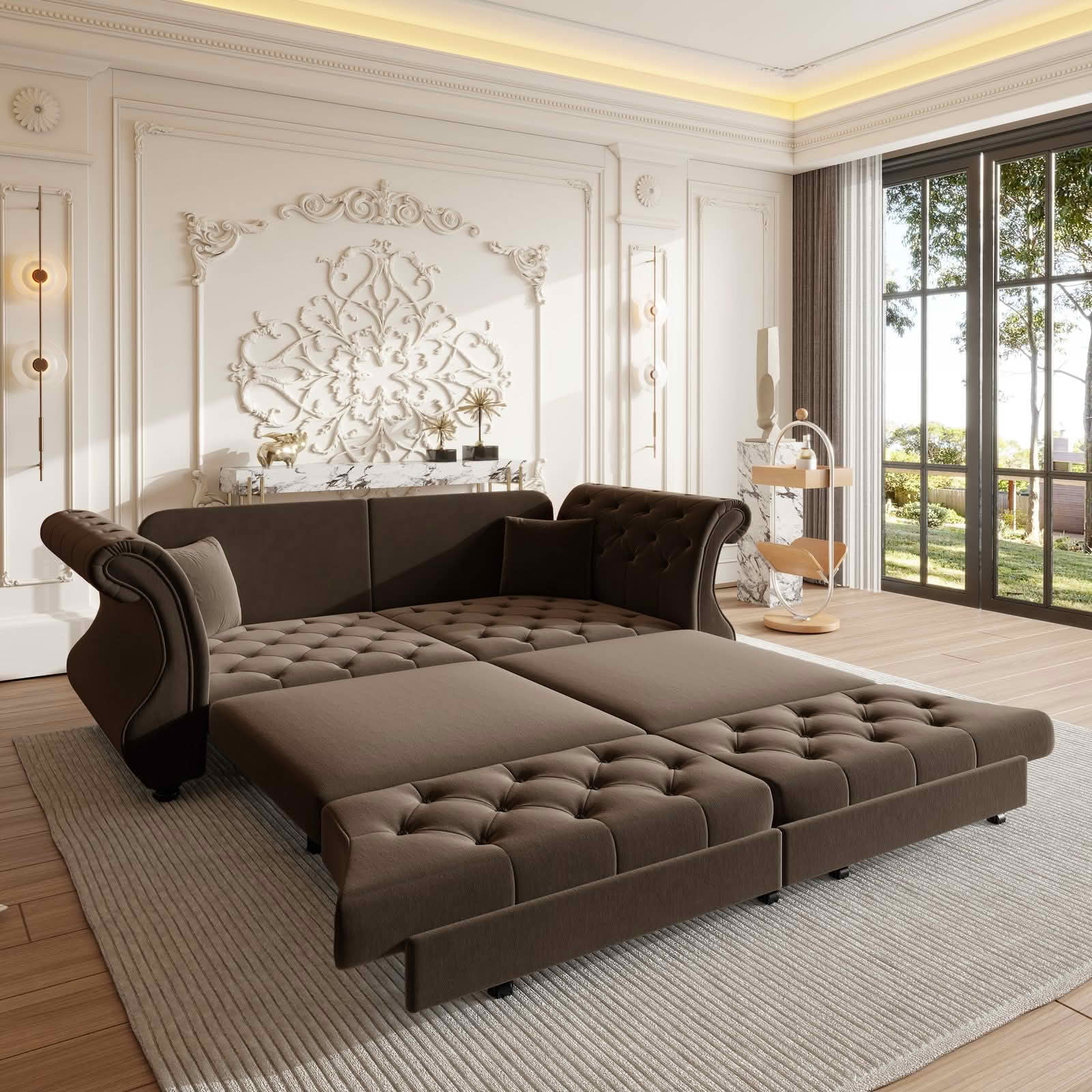 MAYEERTY 83.8" Chesterfield Pull‑Out Sofa Bed, Classic Roll‑Arm Velvet Couch with Flower Tufting, 2 Pillows Included for Living Room, Bedroom and Apartment