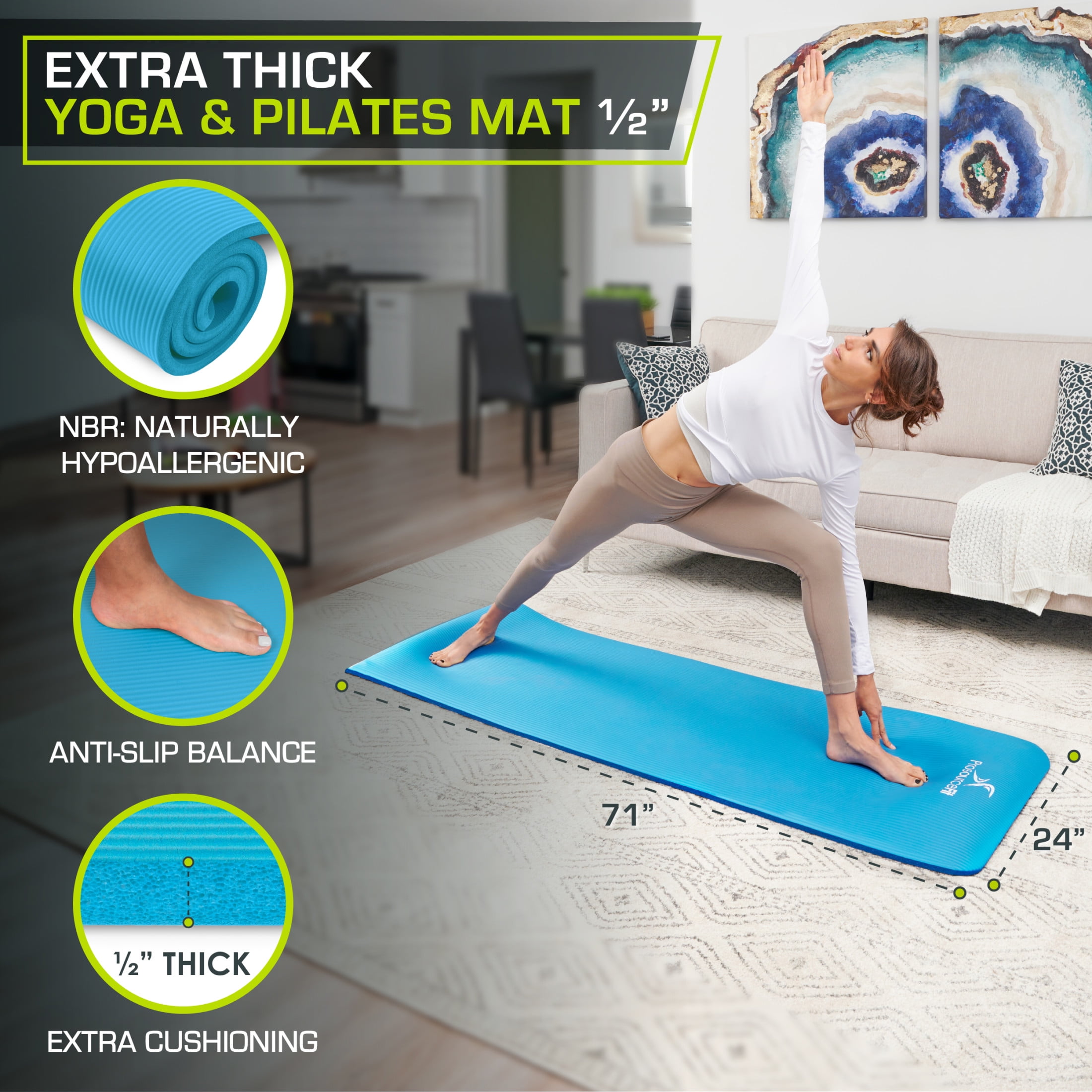 ProsourceFit Extra Thick Yoga and Pilates Mat 1/2-inch or 1-inch Thick for Fitness