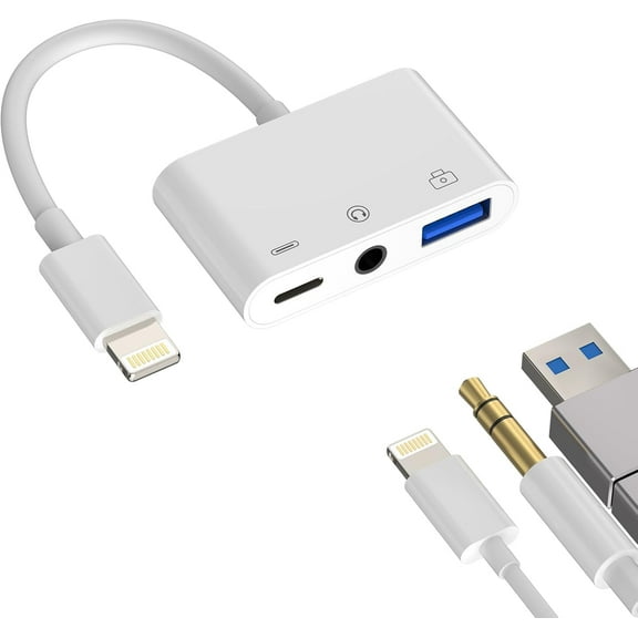 3.5mm Headphone to Lightning Jack USB Charger AUX 3in1 Cable Dongle Iphone Audio OTG Adapter for Apple 14 13 12 11 Pro Max Xr X 8 7 Plus Ipad Camera Mouse Keyboard Memory Stick Flash