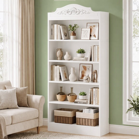 Fnova 73" Tall Bookcase, 5-Tier Wooden Bookshelf with Open Storage Shelves, Freestanding Display Bookcase for Living Room, Bedroom, Home Office, White