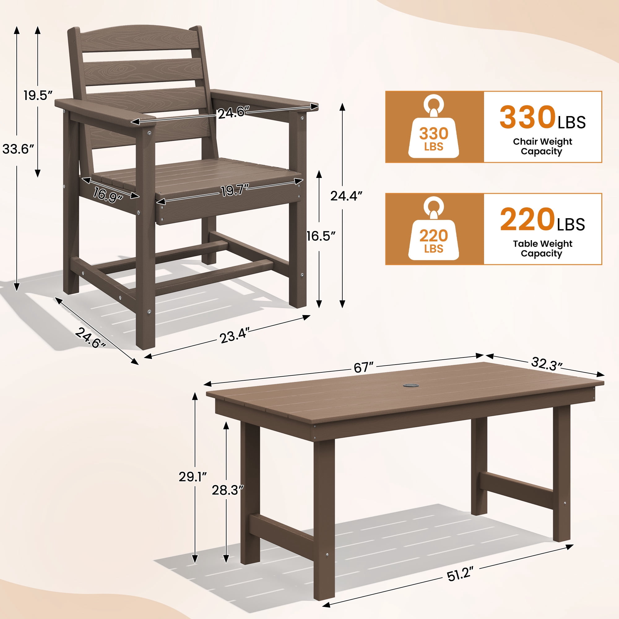 KINGYES 5 Piece Patio Dining Set for 4, HDPE Outdoor Table and Chairs Set with Umbrella Hole, Dark Brown