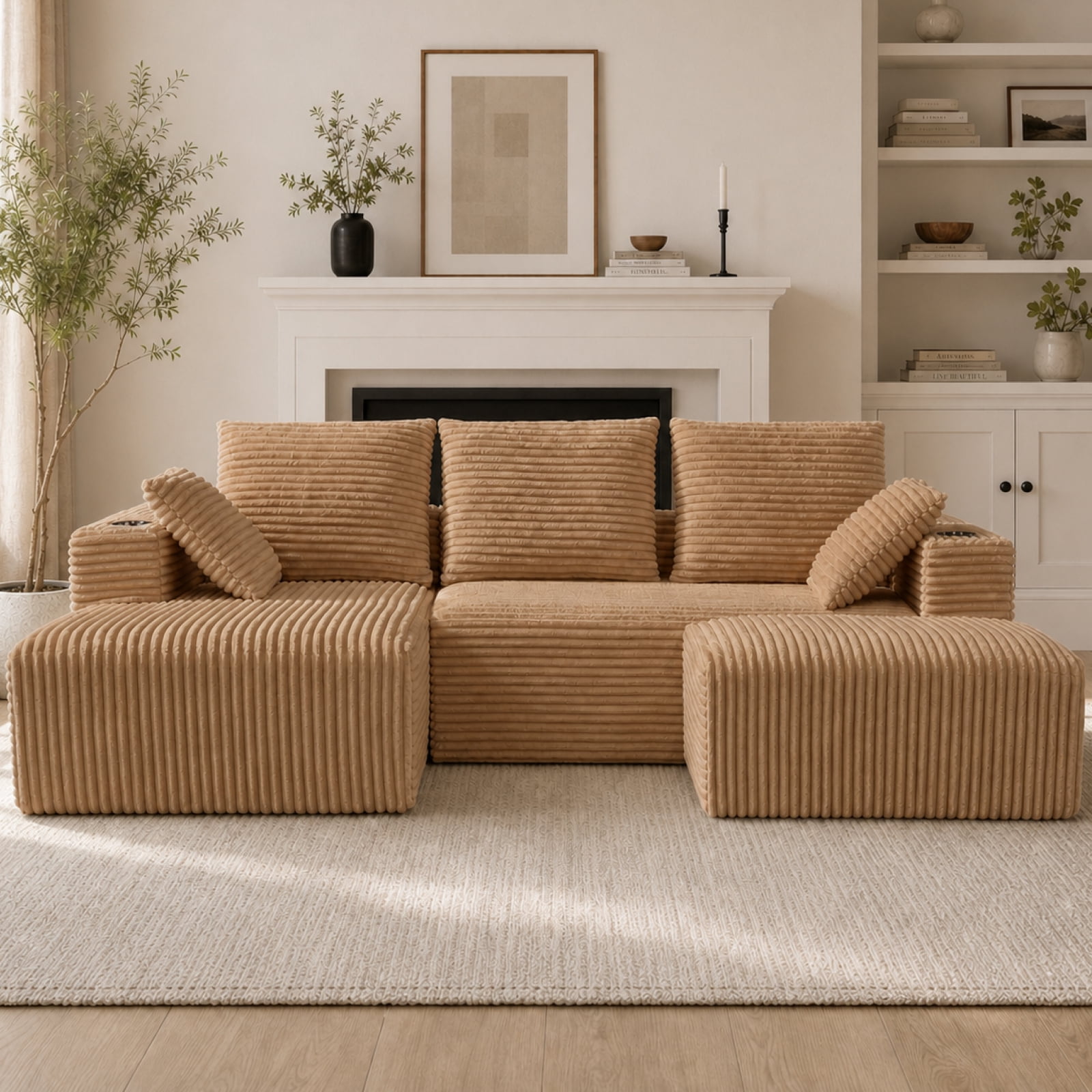 95'' 4 Seater Boneless L Shape Modular Sofa Couch with 4 Pillows, 2 Cup Holders and Ottoman