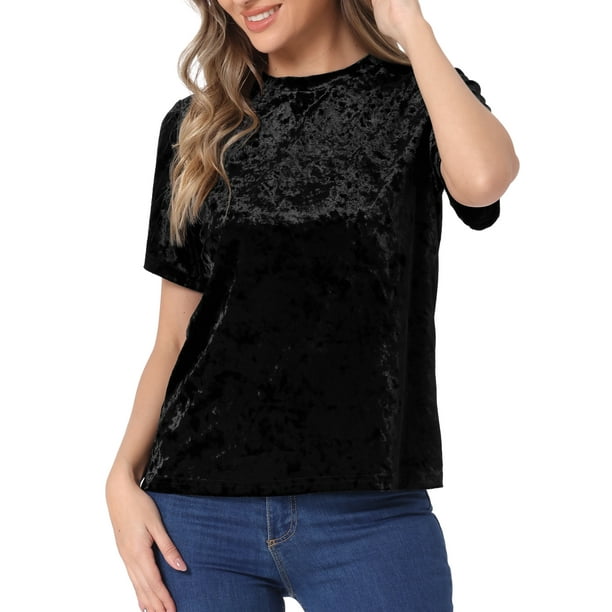 INSPIRAR CHIC Blusa de terciopelo negra de cuello redondo y manga corta para mujer talla S