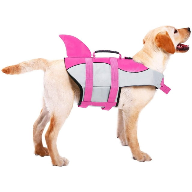 Dog Life Jacket Ripstop Pet Floatation Vest Saver Swimsuit Preserver for Water Safety at The Pool, Beach, Boating (M, Shark Pink)