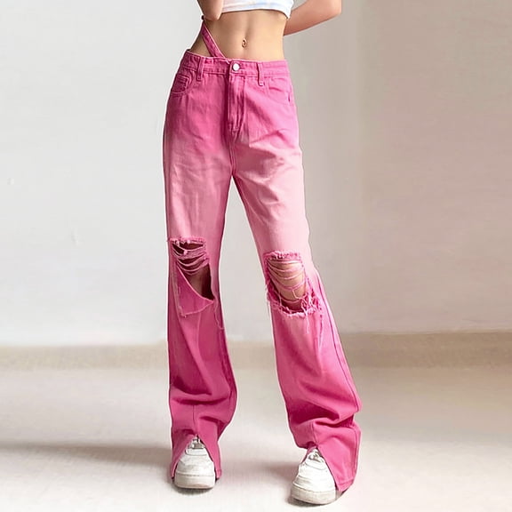 Vedolay Jeans for Women Trendy Women's High Waisted Straight Leg Jeans Stretchy Denim Pants,Pink S