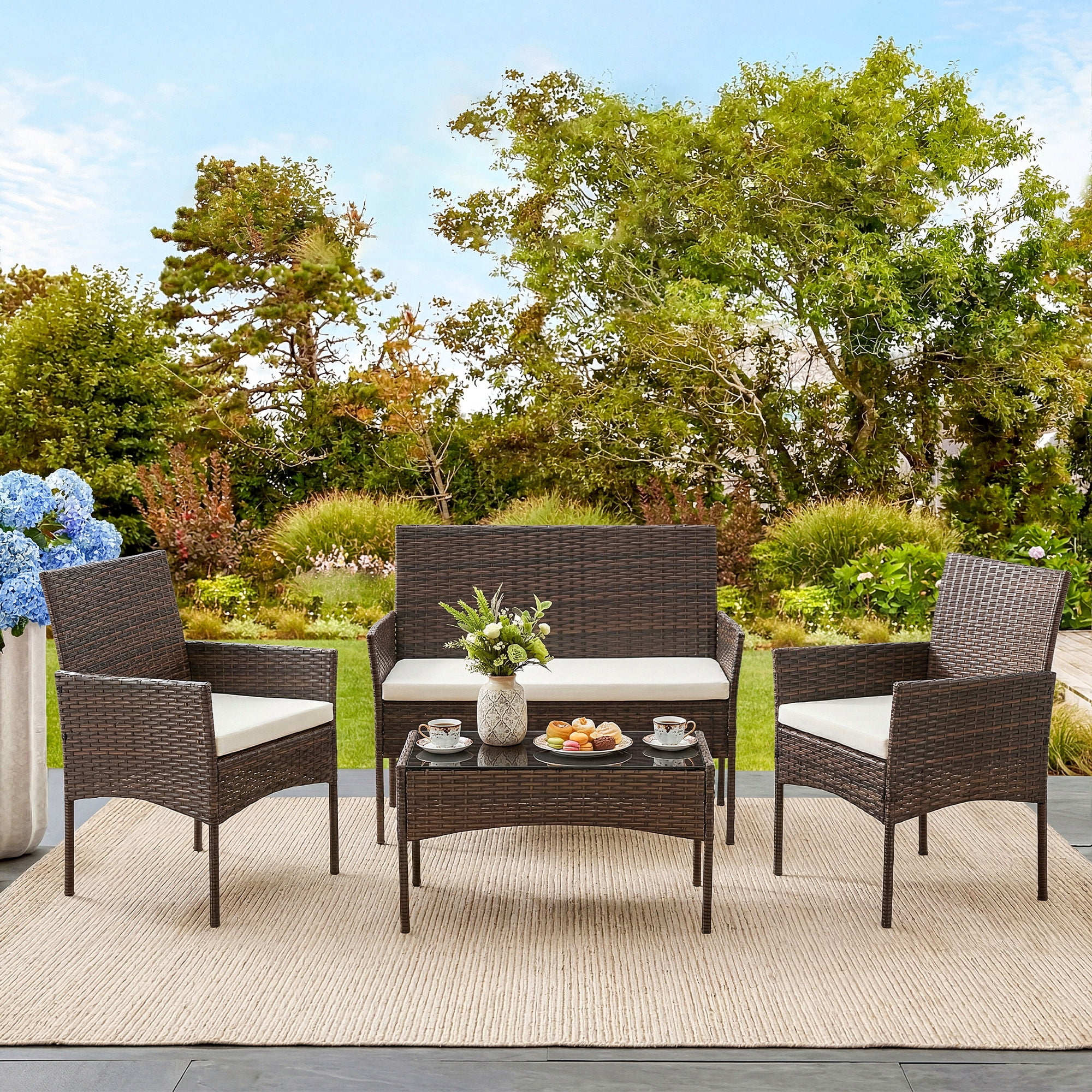EDX 4 Piece Patio Furniture Set, All-Weather PE Rattan Conversation Set with Black Tempered Glass Coffee Table, Washable Cushions, for Porch Garden Backyard, Brown/Beige