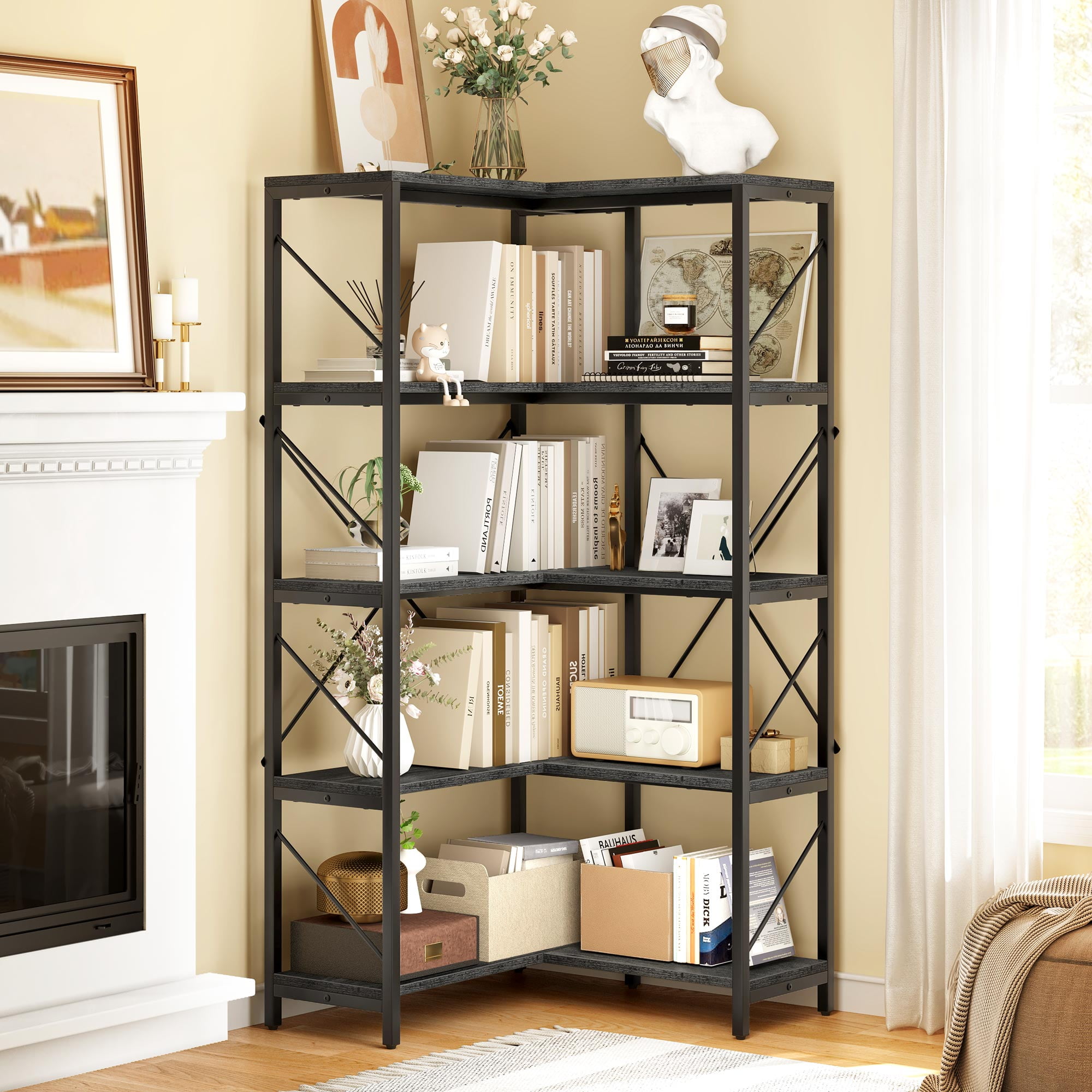 5-Tier L-Shaped Bookcase Storage Organizer, Tall Corner Bookshelf Open Display Freestanding Storage,Dark Gray