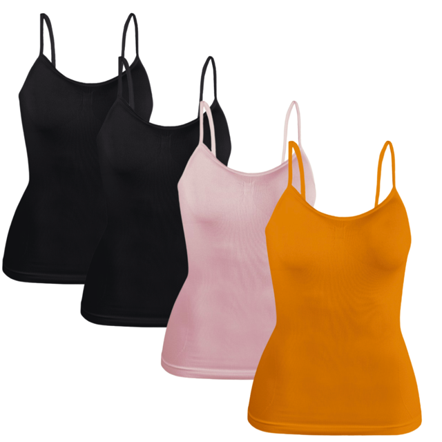 set 4 blusas mujer tirantes unitalla casual blusa crop top dama Pack de 4 blusas Malabis en vista frontal centrada; silueta ceñida tipo blusa crop con tirantes finos y ajustables, tejido stretch de textura lisa visible; colores negro, negro, rosa claro y mostaza sobre fondo blanco, diseñadas para uso casual o deportivo y combinaciones diarias, a menudo usadas como capa ligera para ejercicio o uso interior.