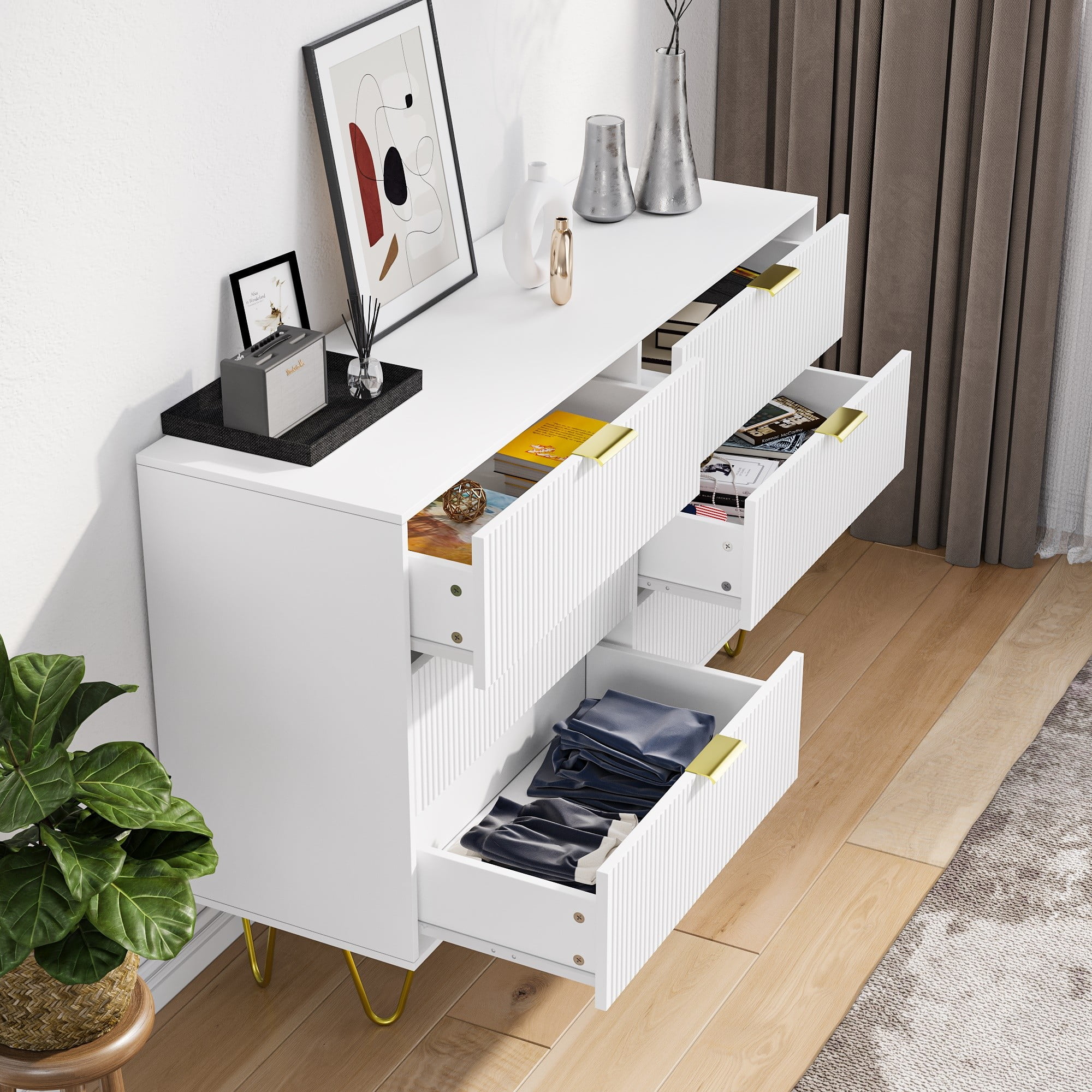 Finihen 6 Drawer Dresser, Big Size Wide Chest of Drawers with Gold Handles, Wood Double Dresser Storage Cabinet, for Living Room, Bedroom, Hallway, Closet, White Finihen 6 Drawer Dresser, Big Size Wide Chest of Drawers with Gold Handles, Wood Double Dresser Storage Cabinet, for Living Room, Bedroom, Hallway, Closet, White