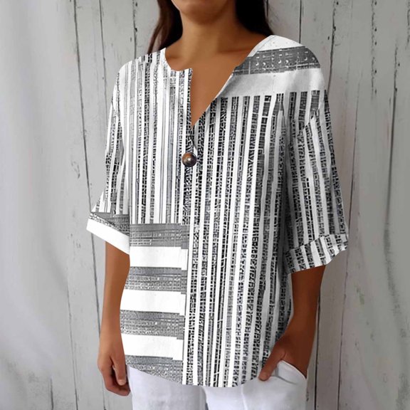 Daiosportswear Women's 3/4 Sleeved Button V-Neck Shirt Fashionable and Loose Spring and Summer Top Gray-I XL(XL)