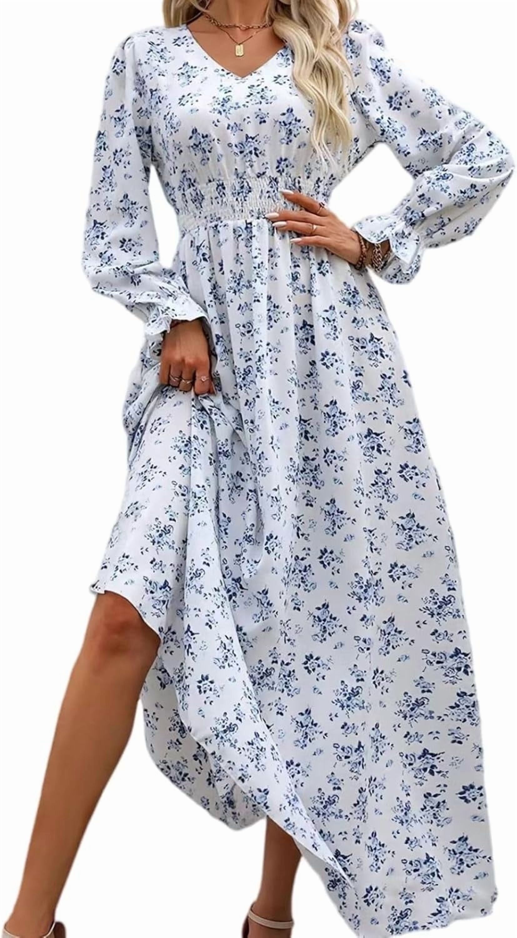 Long Sleeve Women's Dress Women's Floral Embroidery  Long Sleeve, Smocked  V-Neck, A-Line Fit Maxi Dress