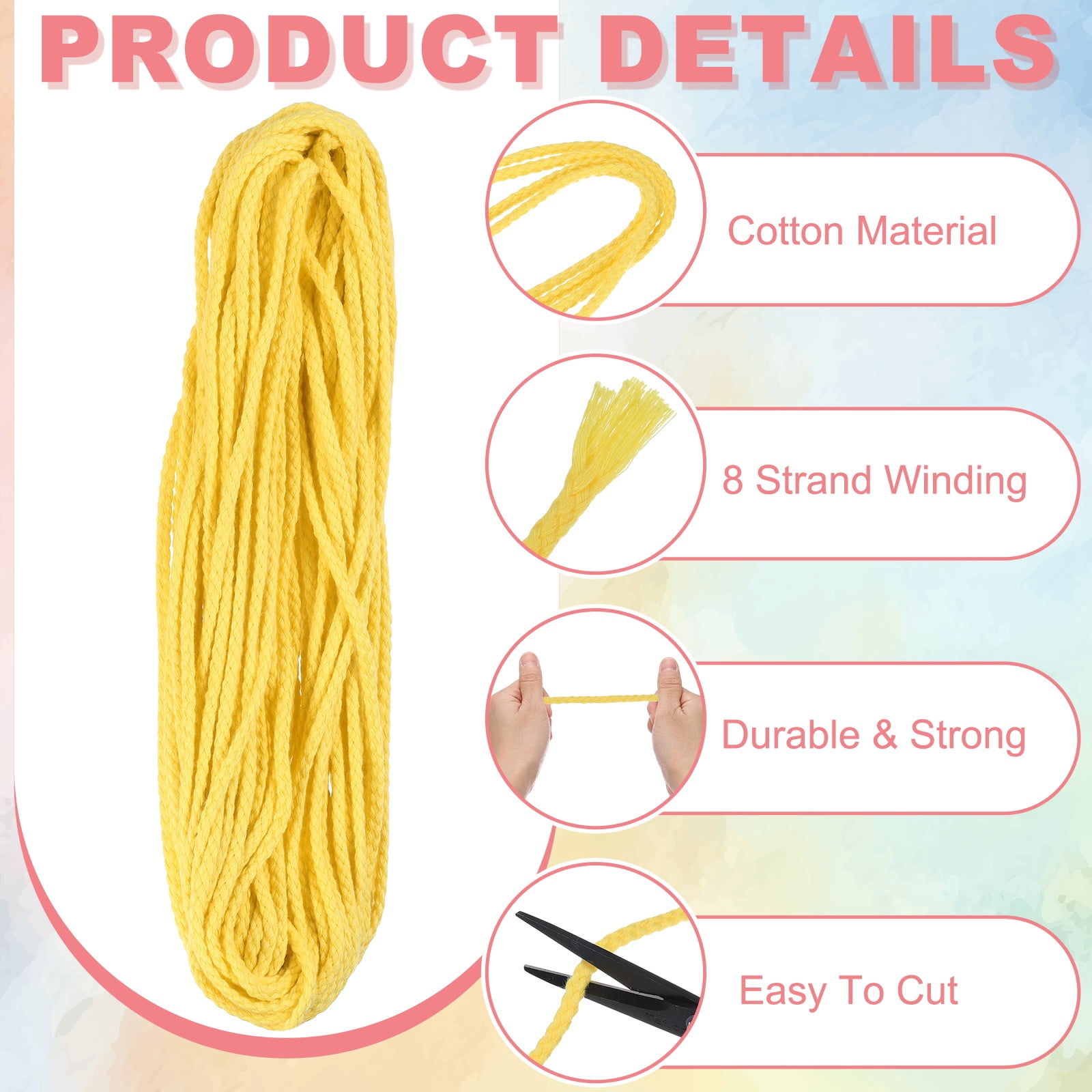 Braided Macrame Cord, 3/16" x 164ft 8 Strand Cotton Rope Braided String with Cord End Caps for Drawstring, Plant Hanger Wall Hanging, Dream Catcher Crafts, Light Yellow