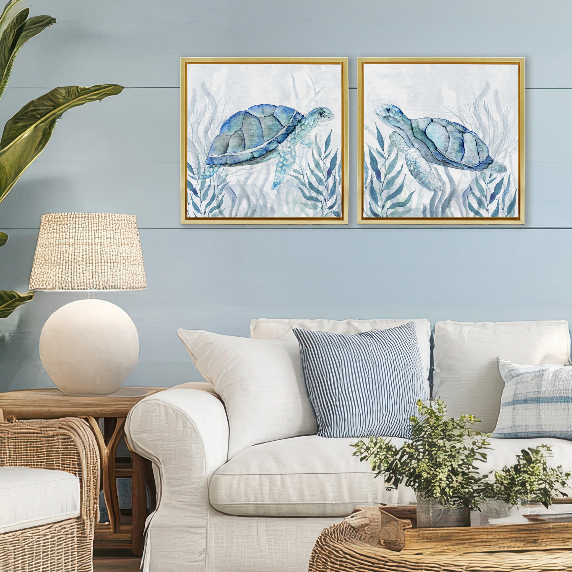 Stupell Industries Subtle Smiling Sea Turtles 2 Piece Gold Framed Floater Canvas Set, design by Janet Tava