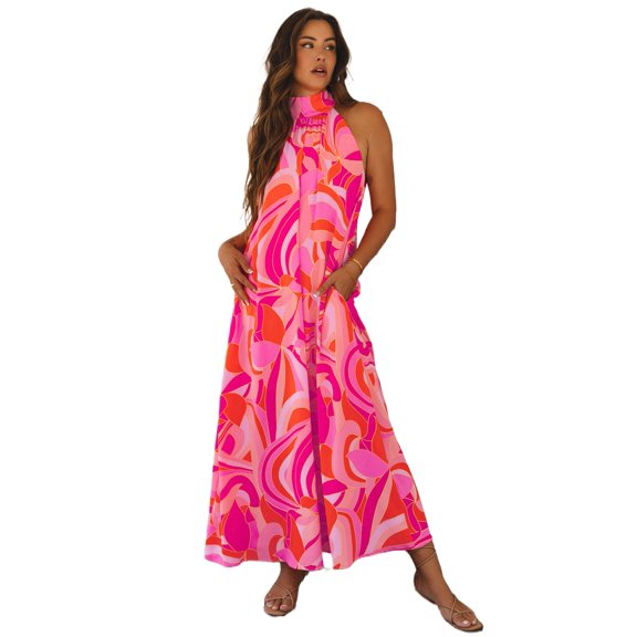 Women's Rose Abstract Printed High Neck Knotted Nape Sleeveless Maxi Dress | [ZhiHiMeRi] | (US 12-14)L