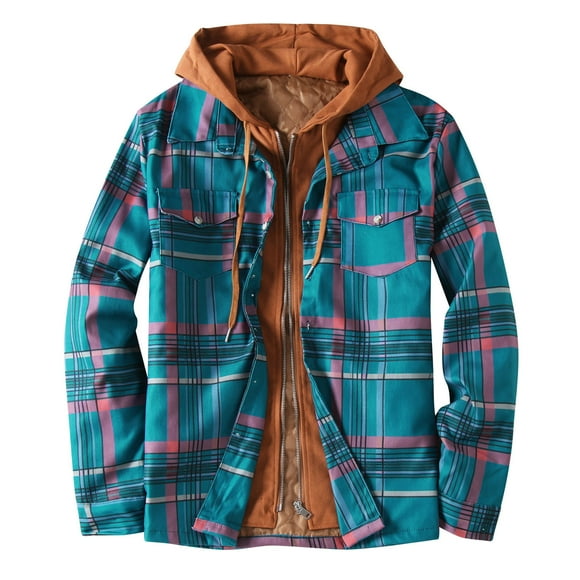 Meichang Men's Flannel Shirts Clearance Plaid Hoodies Streetwear Button Down Shirt Jacket Classic Fit Long Sleeve Coat Patchwork Jacket
