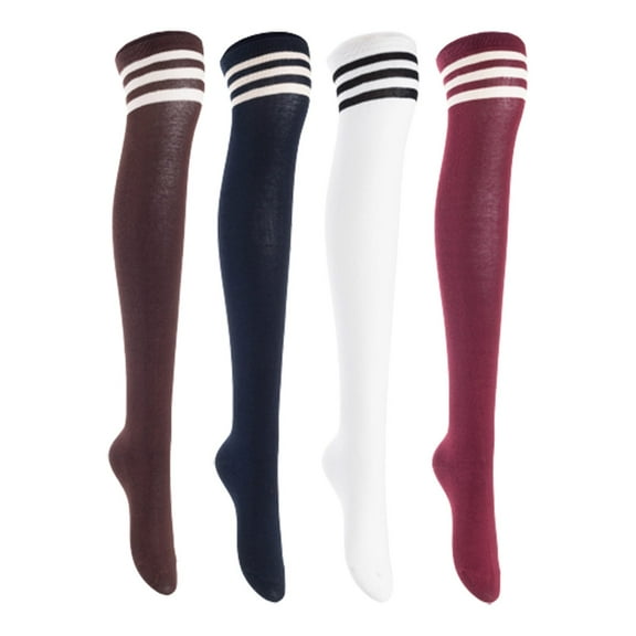 Lian LifeStyle Women's 4 Pairs Adorable Comfortable Soft Thigh High Over Knee High Cotton Socks, Size 6-9, JMYP1022 Coffee, Navy, White, Wine