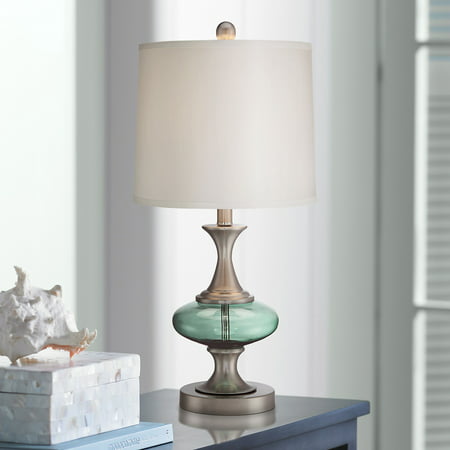 360 Lighting Modern Accent Table Lamp Brushed Steel Blue Green Glass Off White Drum Shade for Living Room Family Bedroom (Best Lighting For Dark Rooms)