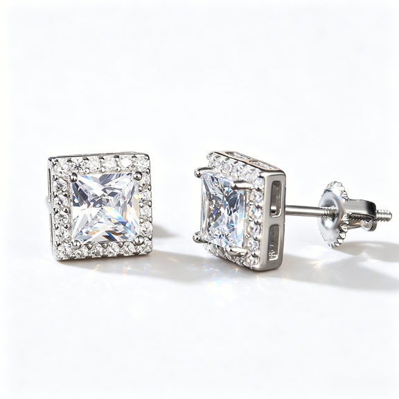 KIJ 1.84 Carat Princess Cut Halo Square Moissanite Stud Earrings, Hypoallergenic 14K White Gold Plated 925 Sterling Silver VVS1 Simulated Diamond GRA Certified for Men Women