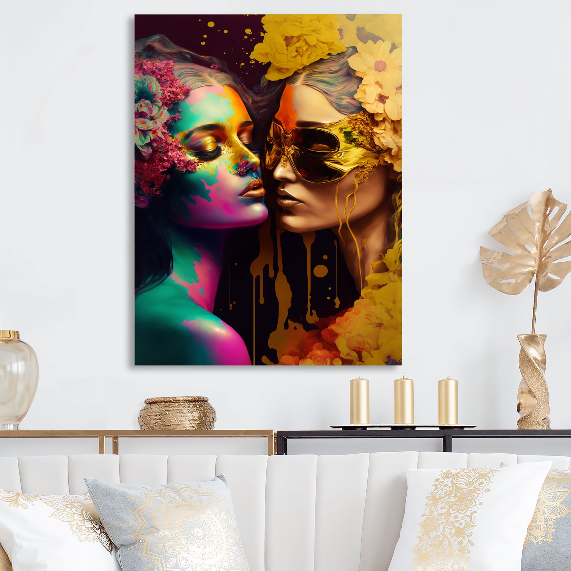 Designart Two Women Kissing With Flowers I Canvas Wall Art