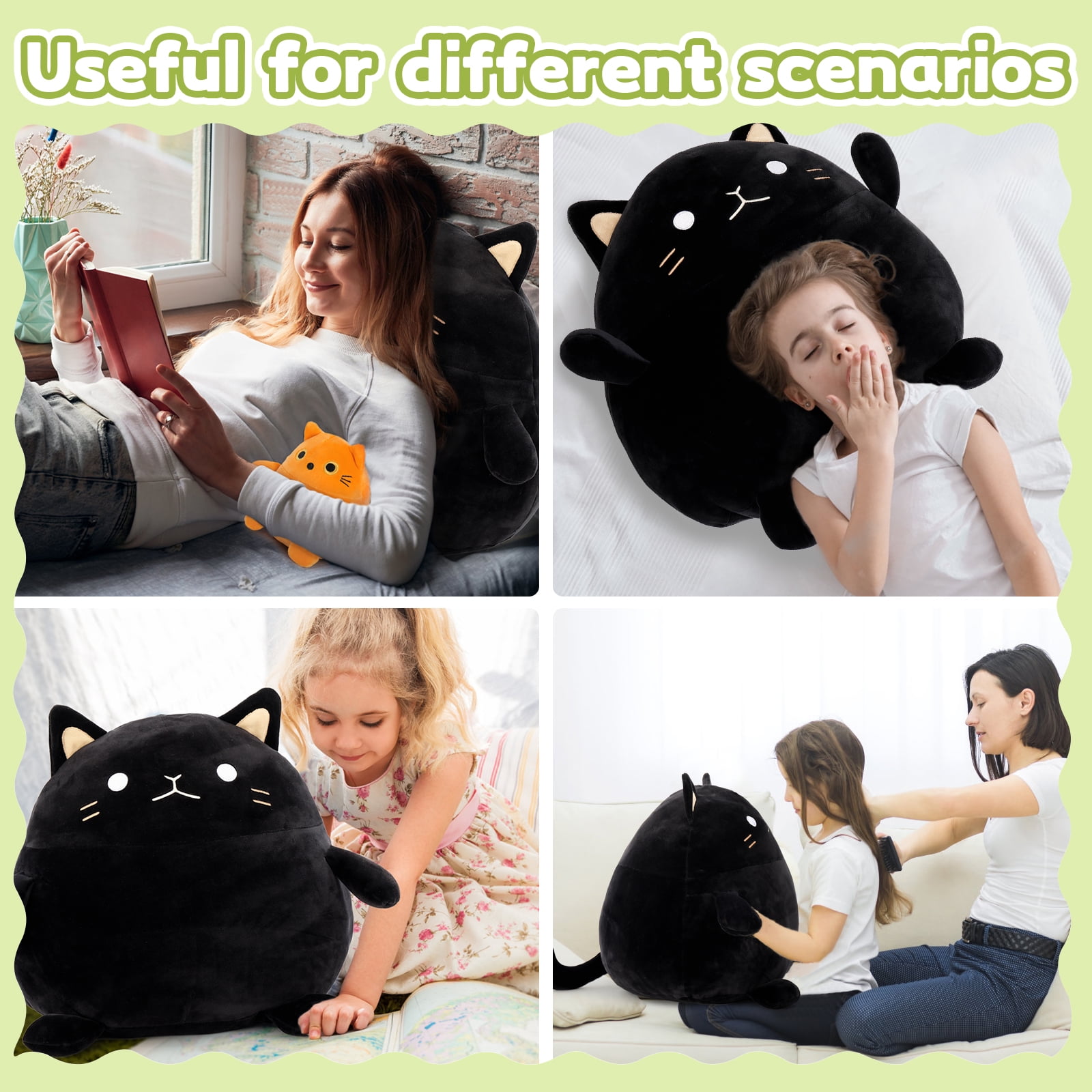 MorisMos 16" Black Fat Cat Stuffed Animal Mommy Cat with 3 Kitty Plush Toys