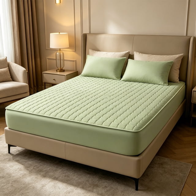 Ice Silk Summer Mattress Protector - Quilted Waterproof Bed Cover Set, Comfortable Nylon Spandex Topper for All Mattresses, Green, JKODE