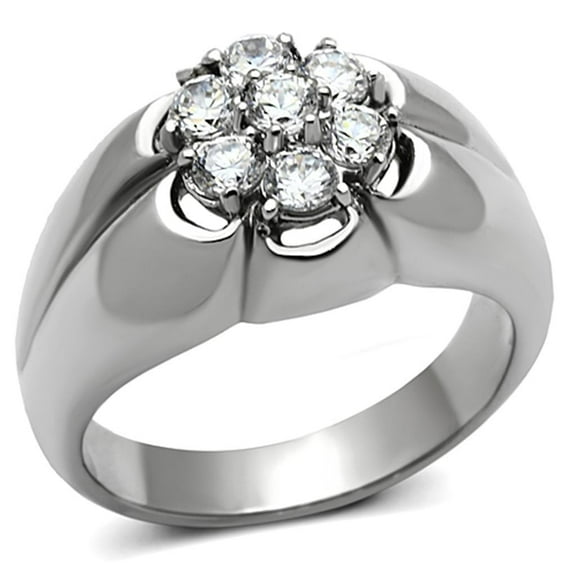 Mens Ring Diamond Flower Stainless Steel Ring with AAA Grade CZ in Clear
