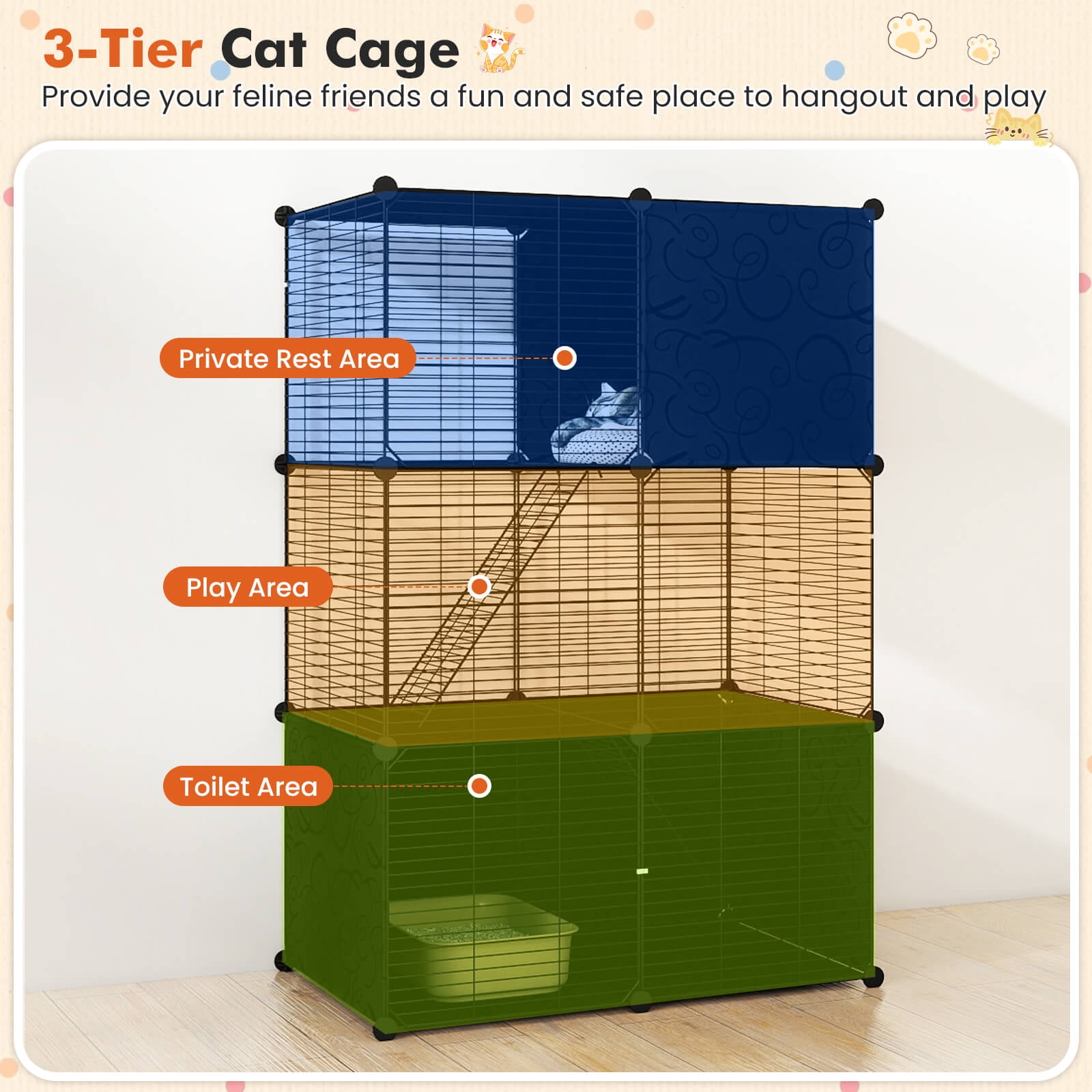 Costway 3-Tier Indoor Metal Wire Kitten Enclosure with 2 Ramps, Pet Pen for Small Animal Black