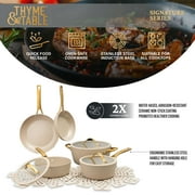 Thyme & Table 12-Piece Ceramic Non-Stick Signature Ribbed Cookware Set, Non-Toxic Pots and Pans Set - Taupe