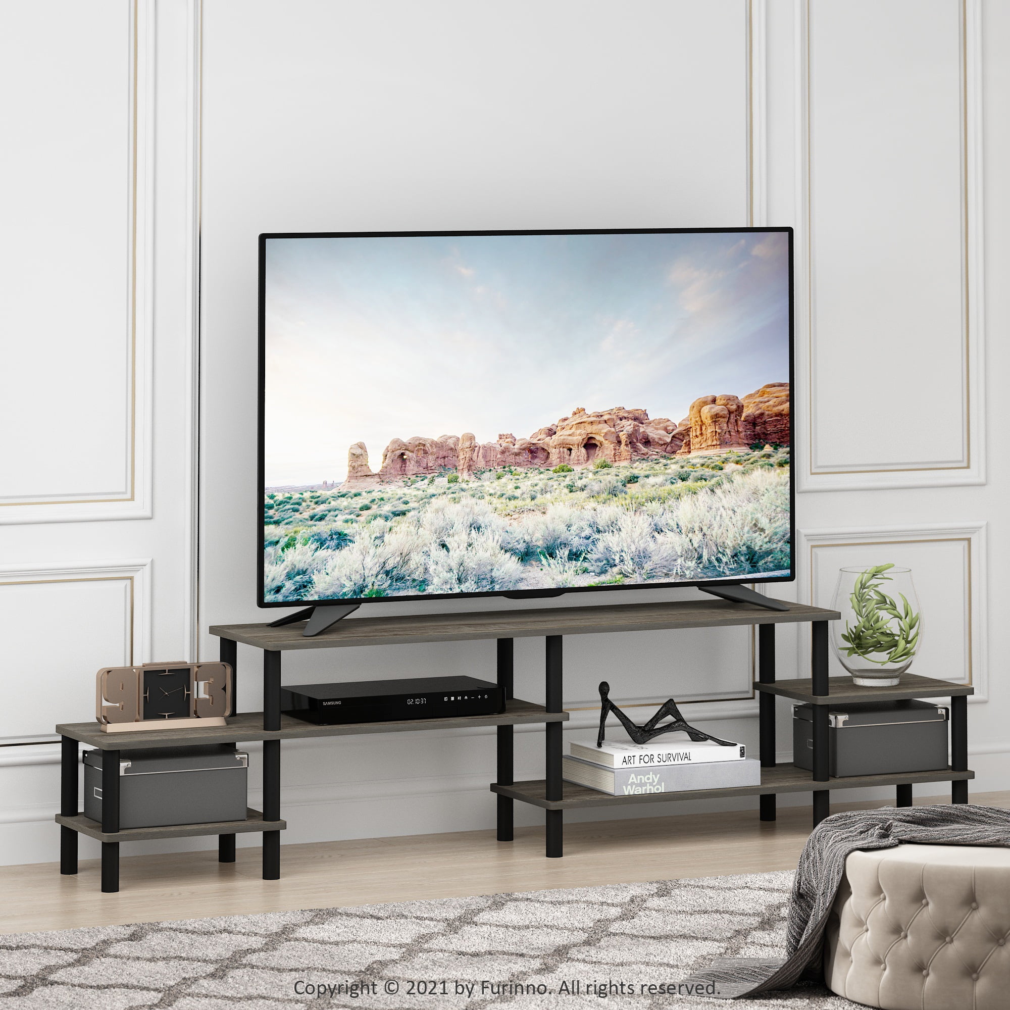 Furinno Turn-N-Tube Grand Entertainment Center for TV up to 80 Inch, French Oak Grey/Black