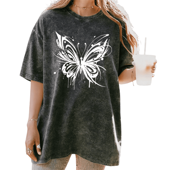 UNISHE Women's Acid Wash Graffiti Butterfly Graphic Oversized Short Sleeve T-Shirt Casual Crewneck Cotton Boho Tee