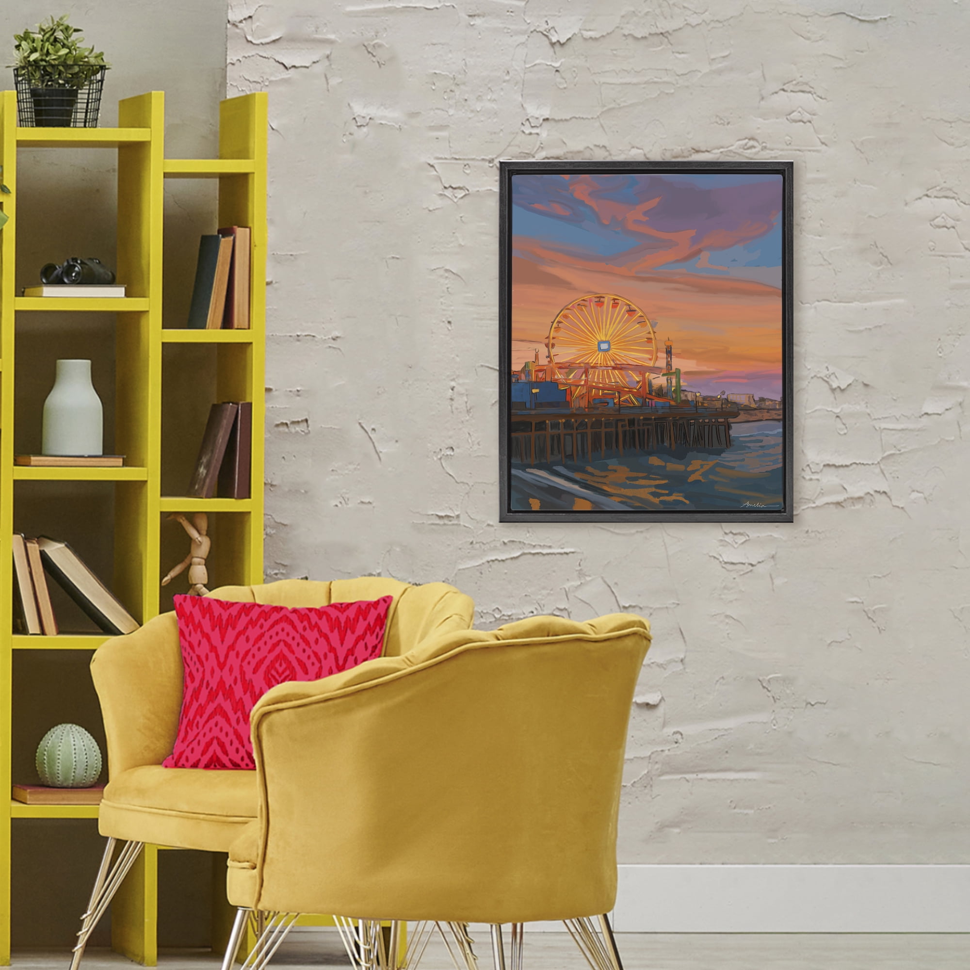 Stupell Industries Santa Monica Pier Sunset Black Framed Floater Canvas Wall Art, design by Amelia Noyes