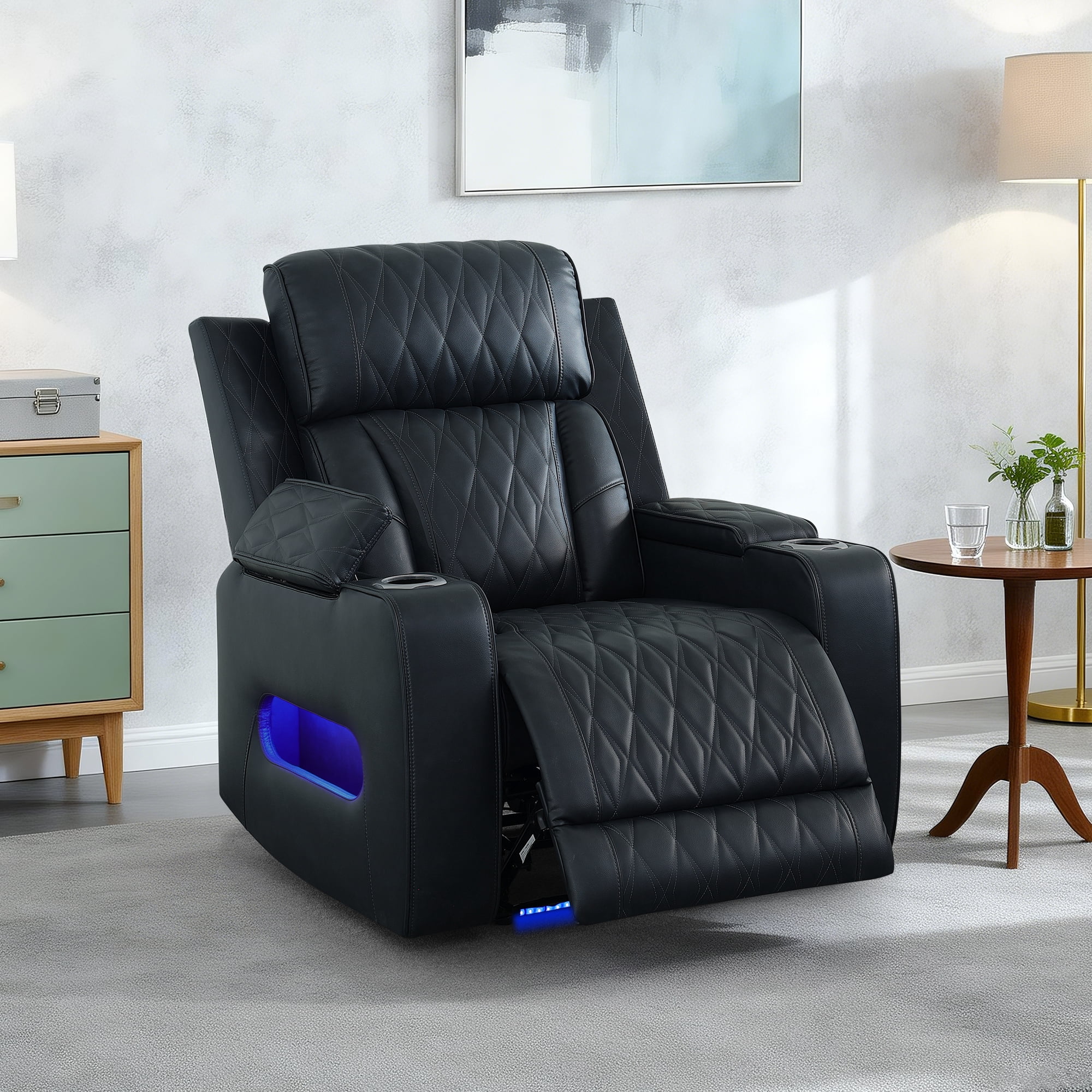 Gewnee Power Recliner Chair, Adjustable Reclining Lounge Chair with USB Ports, LED Lights & Cup Holders, Air Leather Upholstered Single Sofa Recliner for Living Room, Office, Blackish Gray